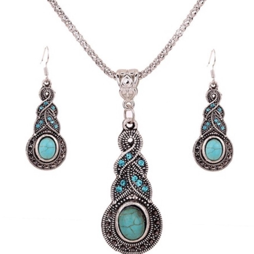 necklace and earrings  turquoise rhinestone